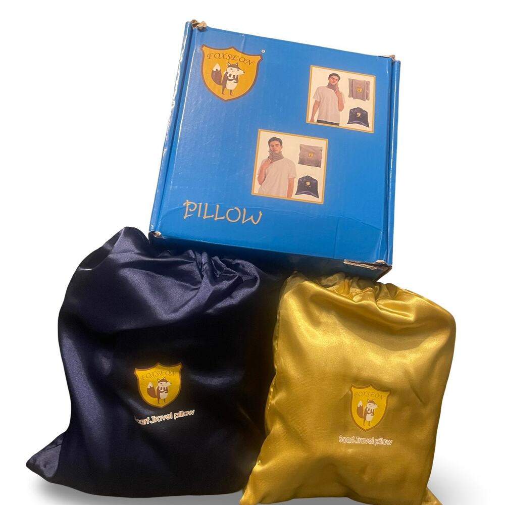 Foxseon Scarf Travel Pillow 2 Pack Set Blue Tan Neck Support Fleece Wear NEW